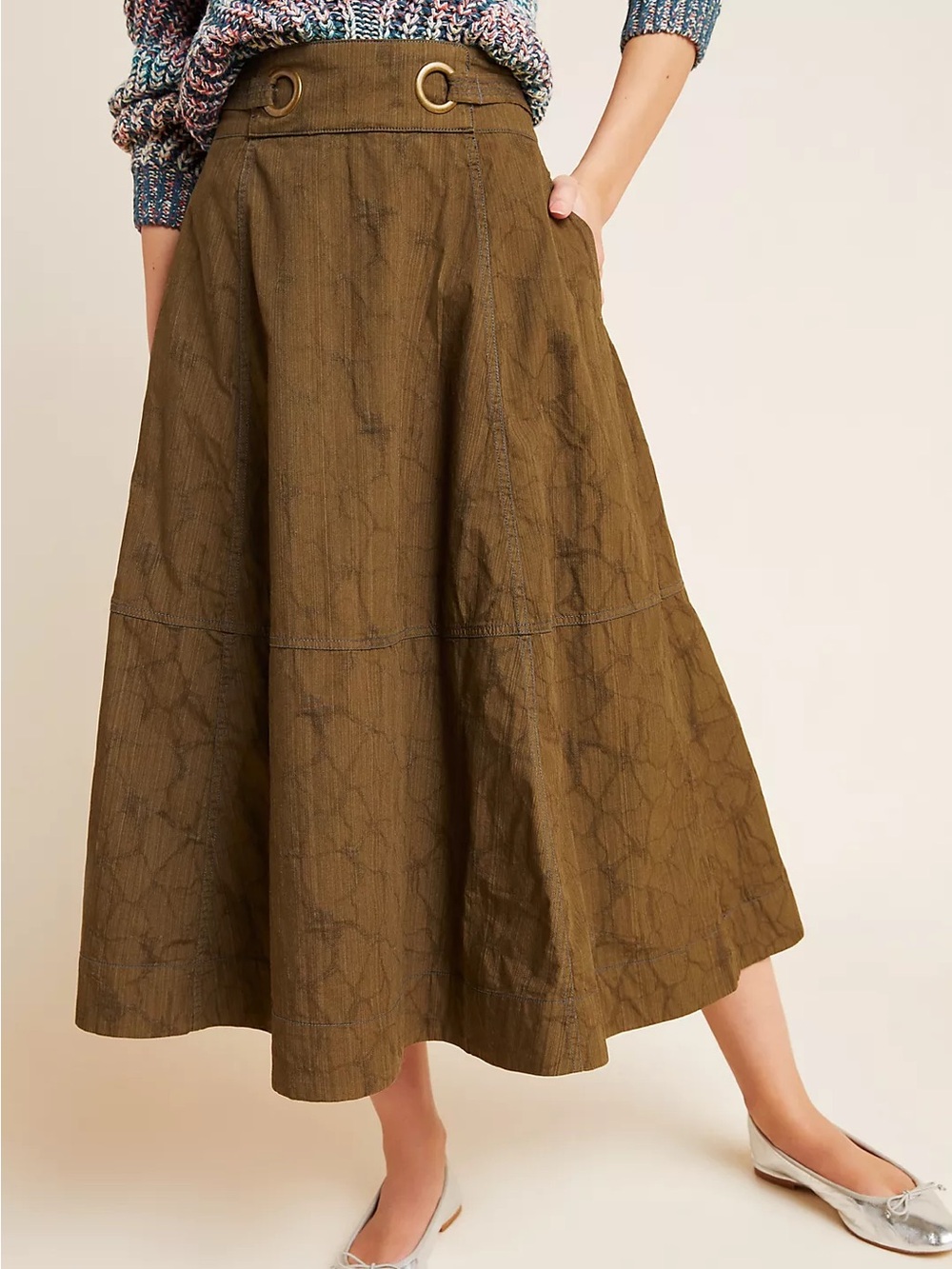 Anthropologie Bella Midi Skirt Olive Green Floral 6P